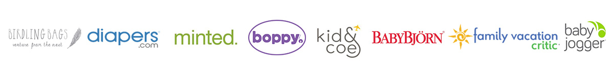 logos for Birdling Bags, boppy, kid & coe, and Baby Bjorn