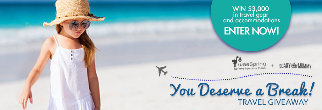 You Deserve A Break Travel Giveaway with girl on beach sponsored by weeSpring, Scary Mommy, Diapers.com, minted, and family vacation critic