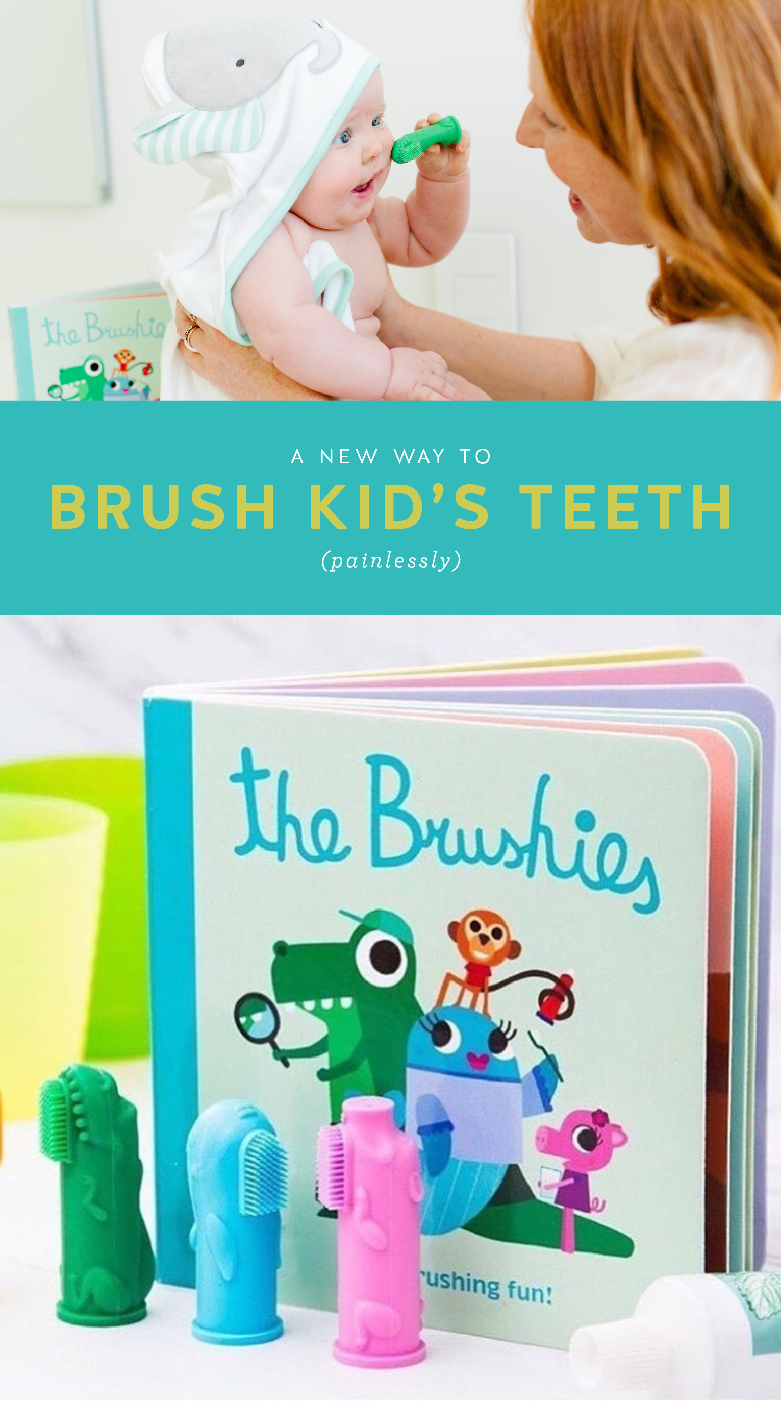 Mom helps baby brush teeth with brushies. Brushies book and toothbrushes.