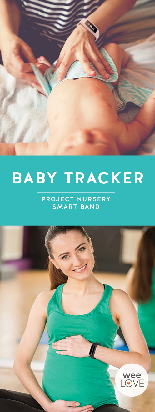 Woman changing baby wearing smartband. Pregnant woman wearing smartband.