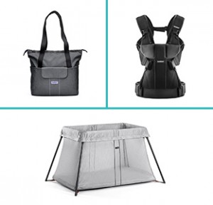 BabyBjorn Carrier One, Diaper Bag Sofo, and Travel Crib Light