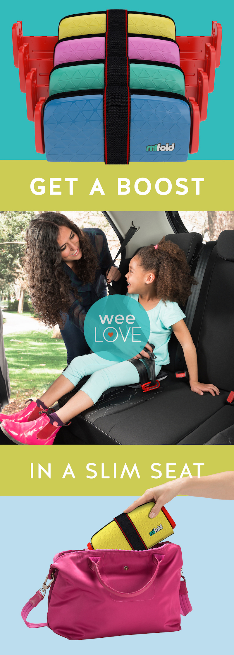 Image of woman buckling child into the car using Mifold booster seat